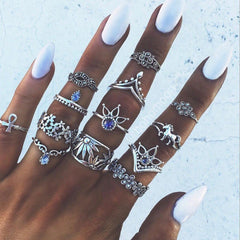 Bohemian Vintage Ring Set with Metal and Crystals